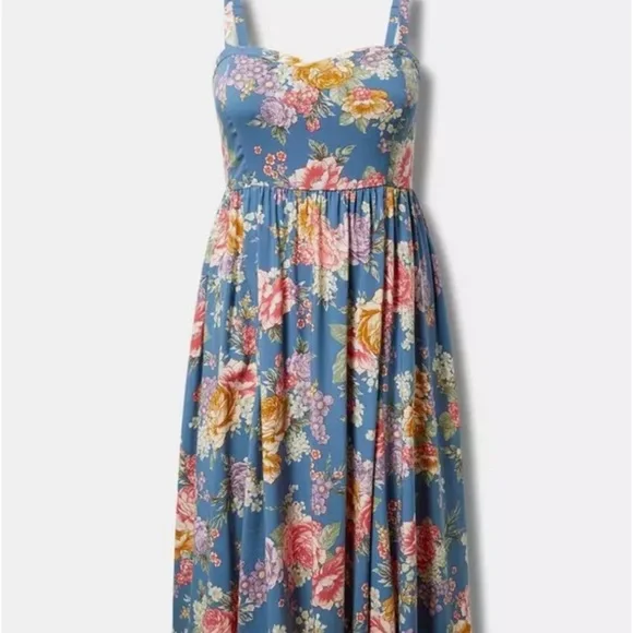 Torrid Dress Challis Sweetheart 1X Blue Floral Pockets Midi Fit Flare Cottage - Picture 9 of 9
